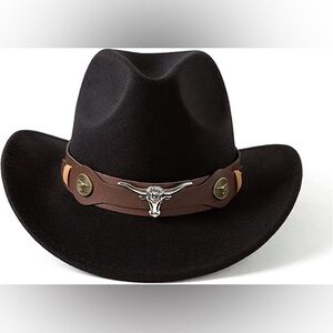 Black Western Cowboy, Cowgirl Hat, Bull Horns Strap, Men Women Retro Wide Brim